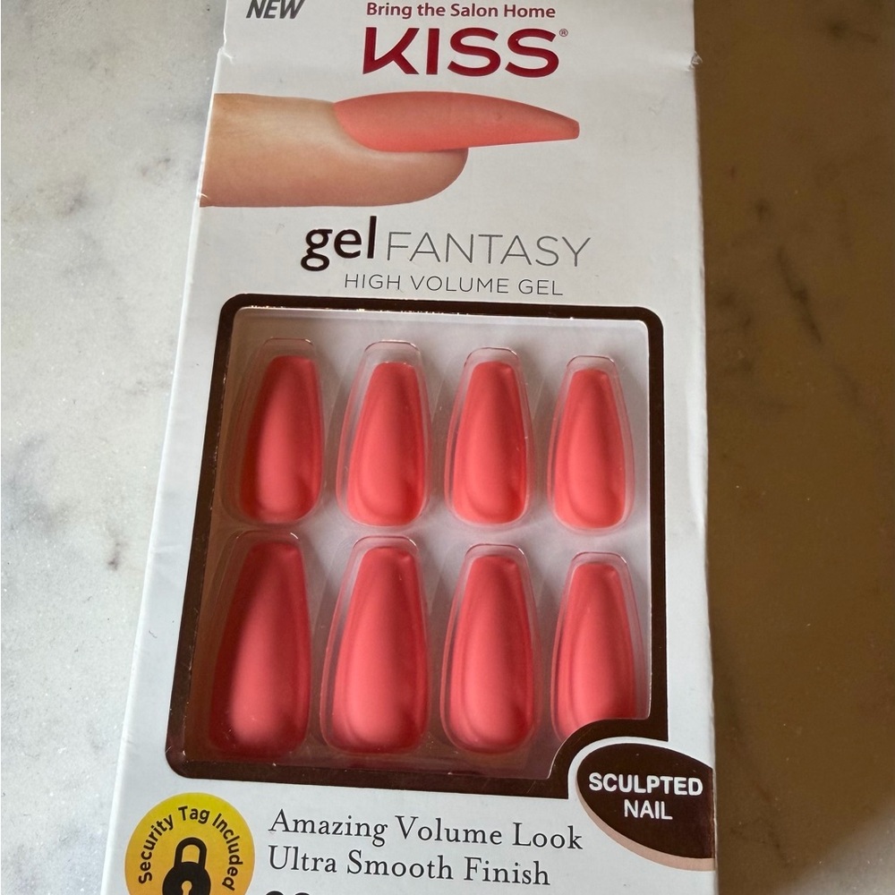 BNIB Kiss Gel Fantasy Sculpted Matte Coral Long Coffin Press On Nail Kit